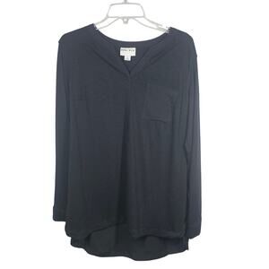 AVA & VIV Black Long Sleeve Blouse Mixed Media V-Neck Chest Pocket Sz X / 14W